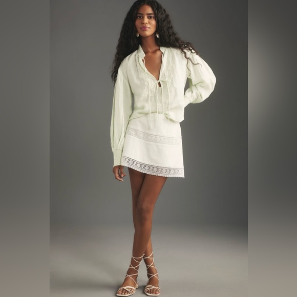 By Anthropologie Linen Long-Sleeve Blouse Mint NWT Size Large Petite - Picture 3 of 9